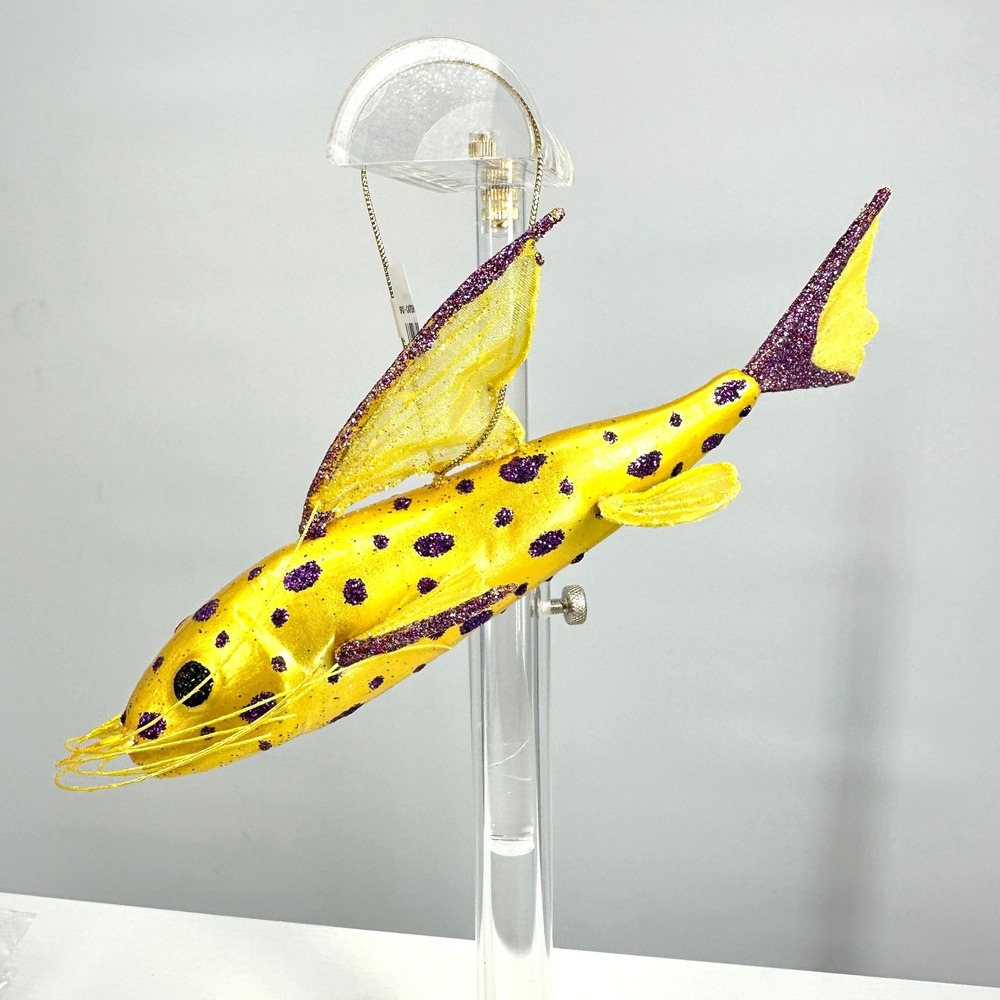 Catfish Ornament‎ Glass Blown Glitter Whiskers Hanging Whimsical Artsy Nautical